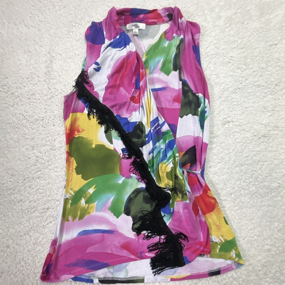 ONE7SIX Multicolor Abstract Fringe Tie Wrap Sleeveless V-Neck Women's Blouse L